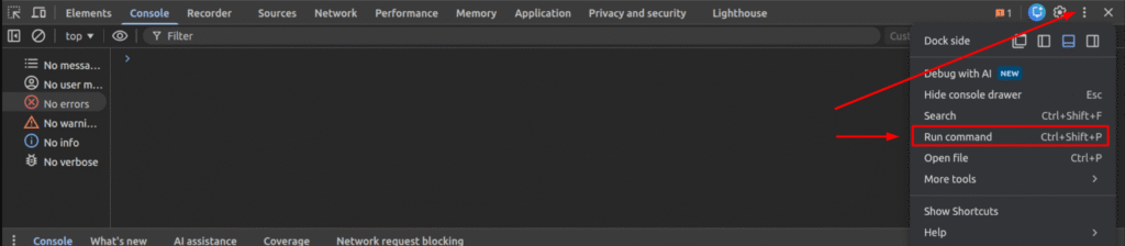 Chrome developer tools run command