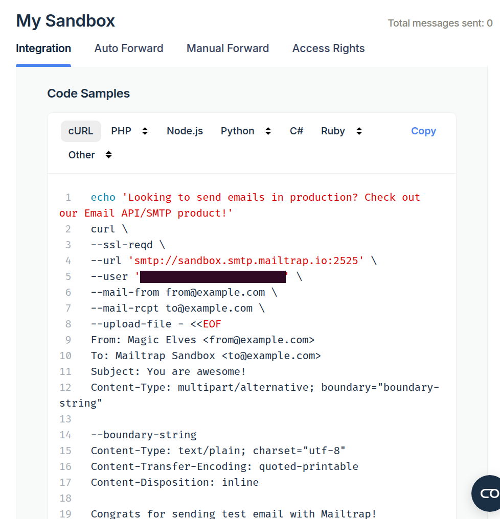 Mailtrap sample test code