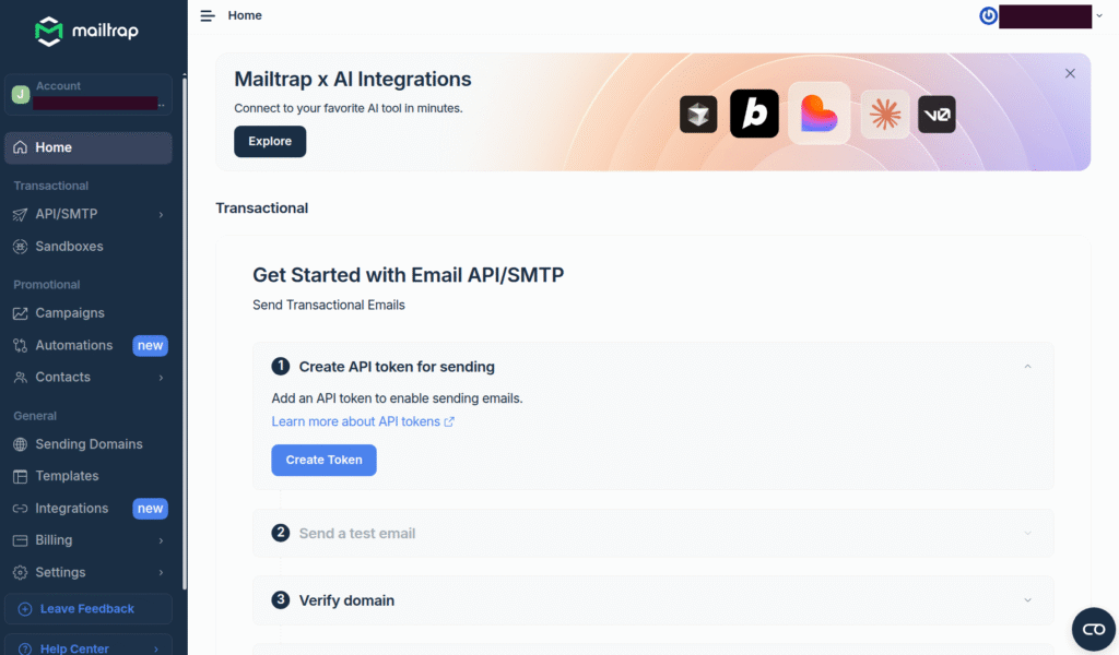 Mailtrap dashboard