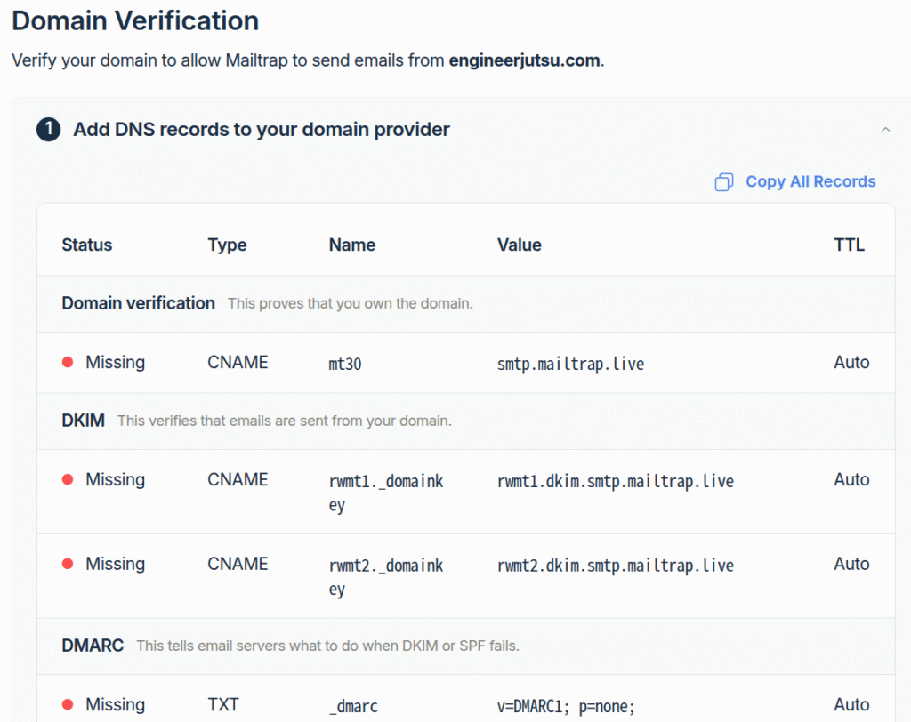 Mailtrap DNS records