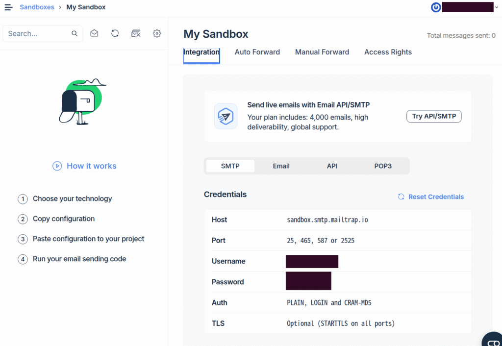 Mailtrap sandbox credentials