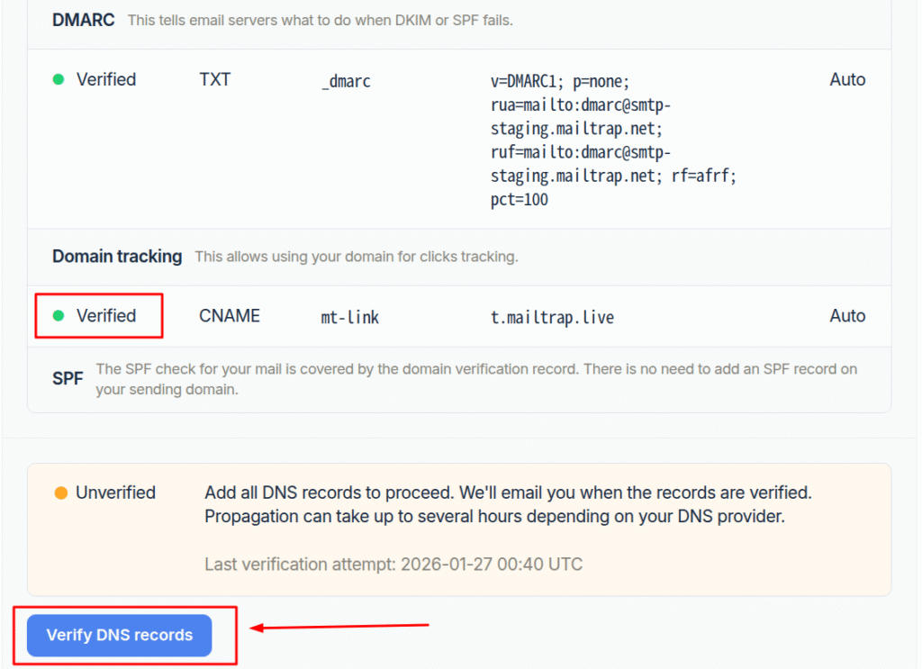 Mailtrap Verify DNS records