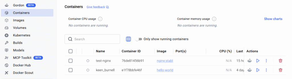 Docker Desktop Containersメニュー