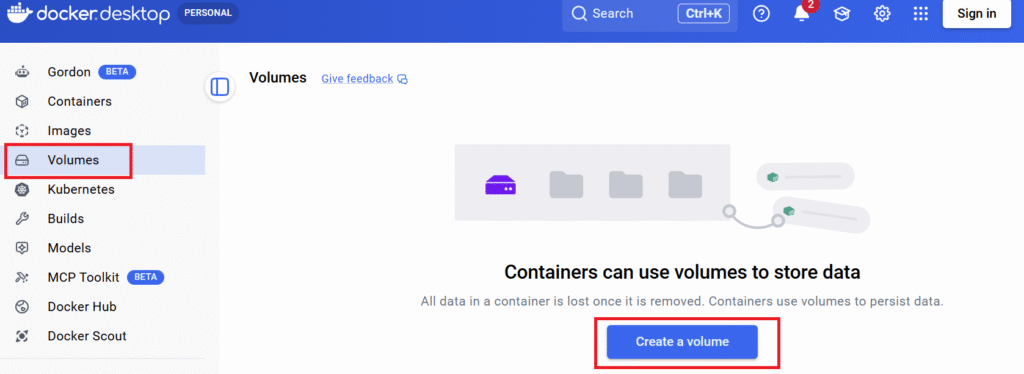 Docker Desktop create volume