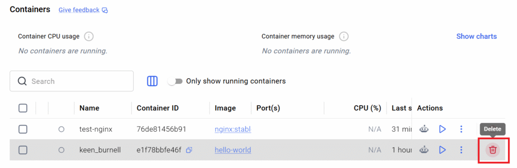 Docker Desktop Delete container