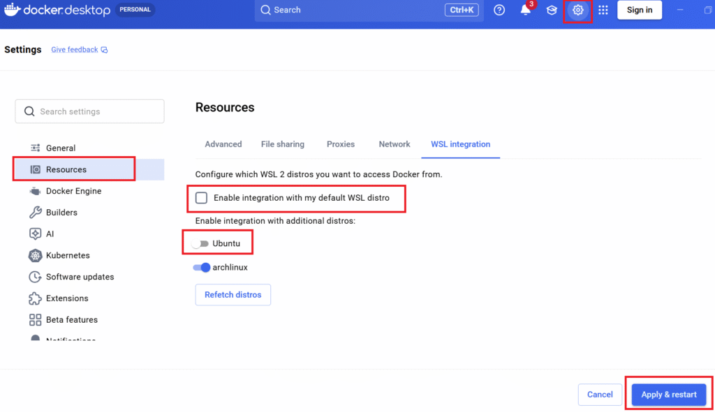 Docker DesktopのWSL統合を無効化