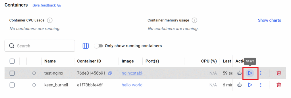 Docker Desktop start container
