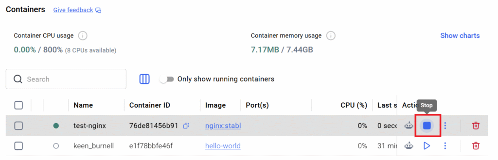 Docker Desktop stop container