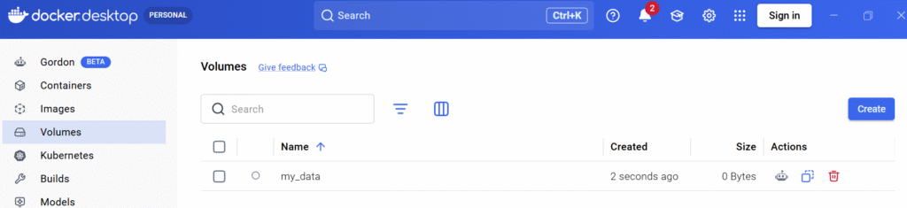 Docker Desktop Volumesメニュー