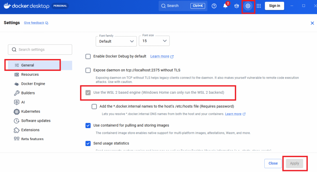 Docker Desktop Use the WSL 2 based engine setting