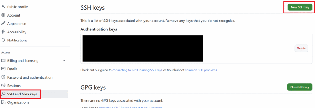 GitHub SSH key追加メニュー