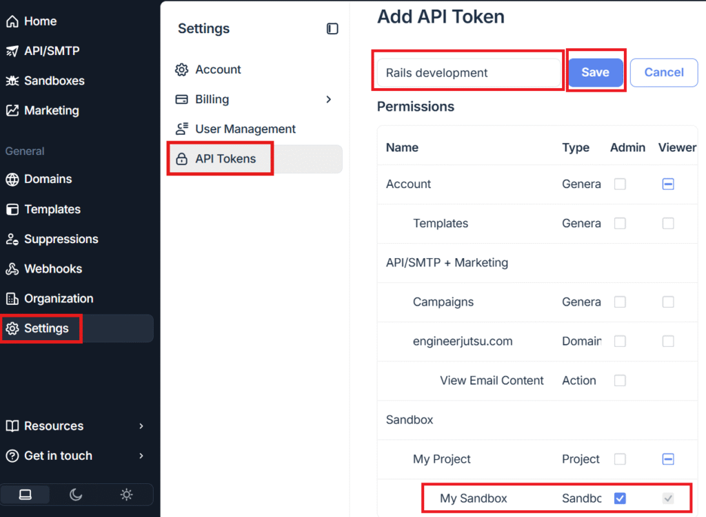 Mailtrap API Token作成画面