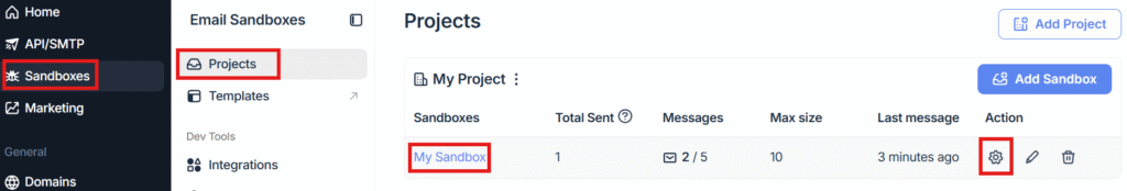 Mailtrap Sandbox Settings